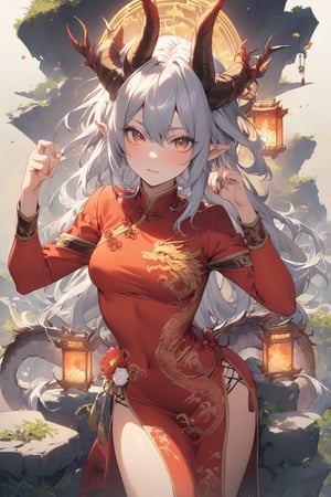 dragonyear, dragon-themed, 
Qipao ,1 girl, (masterful), (long intricate horns:1.2), detailed and intricate, , Glass Elements, looking_at_viewer, chinese girls, goth person, sfw, complex background, rock_2_img, bg_imgs, 