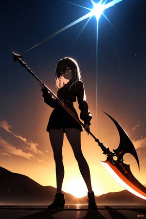 High quality, masterpiece, eyesgod, perfect light,  ROBOT,Anime, full_body,scythe, 1 girl,holding scythe