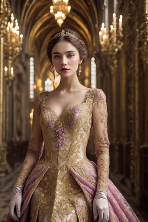 masterpiece,best_quality,indoor (cathedral style),1girl,solo, golden baroque style, intricate, complicated lace dress,long_dress,gloves,blush,silver,perfect_face, soft light, medium shot,magenta and gold color,  more