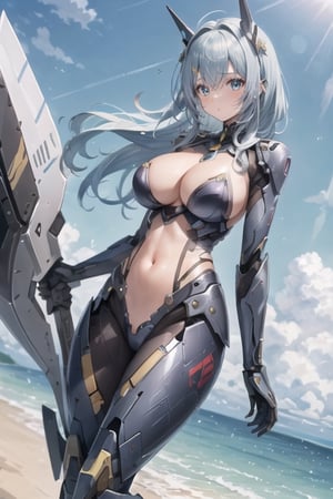 mecha, mecha_musume, metal, 1girl, solo, huge axe, Shiny, ,glitter, Masterpiece, beautiful details, perfect focus,high resolution, exquisite texture in every detail, 1 girl, solo, navel, ocean
,mecha musume