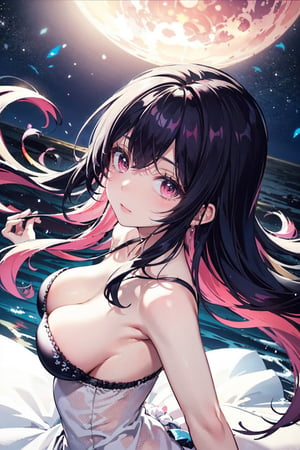 Craft a mesmerizing anime girl with long, flowing hair cascading down her back like liquid sunshine. Her large, expressive cerulean eyes hold the secrets of a thousand worlds, with a faint hint of curiosity and wonder. She stands atop a moonlit cliff, her elegant gown billowing in the soft breeze, and one hand gracefully reaching out towards the starry night sky. In the backdrop, a celestial tapestry of constellations weaves a tale of timeless beauty, and a gentle glow from a distant crescent moon illuminates her delicate features. Capture this moment, where the mundane and the mystical converge, inviting viewers to lose themselves in her captivating aura.image should be 4k., phlg, black hair, pink highlight, no bra,