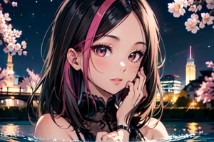 

epic view of night under the milky way, a sakura tree besides a flowing water, side_view ,nighttime, moonlight shines down the face, side_tie_bikini, half body portrait
,

,sole_female, 1girl,1 girl,yuzu,HANDS,

depth of field,  best quality,  high quality,  (((masterpiece))),  16k,  detailed eyes,  symmetrical fingers,  Fujifilm X-T3,  1/1250sec at f/2.8,  ISO 160,  84mm
,beautiful, extremely detailed face,phlg, black hair,  pink highlight,black hair