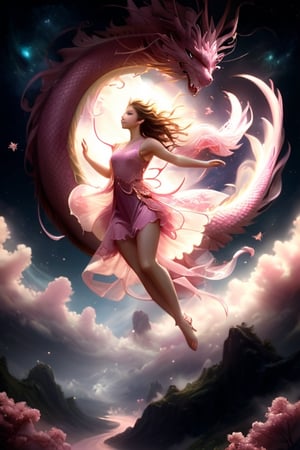 (masterpiece,best quality,ultra-detailed,8K,),high detail,dragonyear, dragon: 1.3, 
a woman in a pink dress flying through the air, magical fairy floating in space, fairy cgsociety, very beautiful fantasy art, 