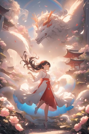 sfw, 8k, (absurdres, highres, ultra detailed), (1lady:1.3), young dragon miko woman with beautiful blowing hair and mesmerizing eyes, wearing a flowing dress made of petals, in a serene garden (filled with blooming flowers), a representation of beauty and grace, charming, cute, beautiful, ultra detailed, dream like shot, 8k, sunset, ((holographic))), (((rainbowish))), expressive, cinematic, dynamic pose,midjourney, full body,,phlg, black hair, pink highlight,,semirealistic,dragon-themed,dragonyear,miko dressing,miko ,long red hakama,dragonyear 