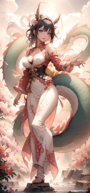 sfw, 8k, (absurdres, highres, ultra detailed), (1lady:1.3), young dragon woman with beautiful blowing hair and mesmerizing eyes, wearing a flowing dress made of petals, in a serene garden (filled with blooming flowers), a representation of beauty and grace, charming, cute, beautiful, ultra detailed, dream like shot, 8k, sunset, ((holographic))), (((rainbowish))), expressive, cinematic, dynamic pose,midjourney, full body,,phlg, black hair, pink highlight,,semirealistic,dragon-themed,dragonyear,Qipao 