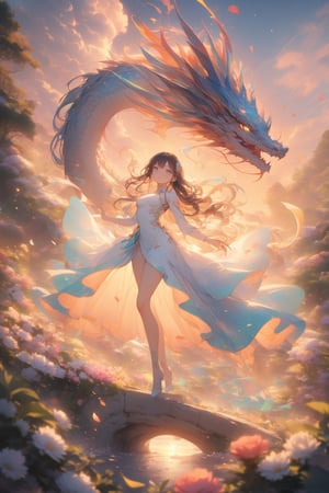 sfw, 8k, (absurdres, highres, ultra detailed), (1lady:1.3),  dragon , chinese woman with beautiful blowing hair and mesmerizing eyes, wearing a flowing dress made of petals, in a serene garden (filled with blooming flowers), a representation of beauty and grace, charming, cute, beautiful, ultra detailed, dream like shot, 8k, sunset, ((holographic))), (((rainbowish))), expressive, cinematic, dynamic pose,midjourney, full body,,phlg, black hair,,,semirealistic,dragon-themed,dragonyear,chinese dressing,Qipao ,long red Qipao