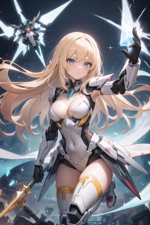 mecha, mecha_musume, metal, 1girl, solo,  holding, 
 weapon , Shiny, ,glitter, colored, detailed background,   Cute warrior girl, alone, levitating among mysterious ruins, armor, power, dynamic angle, dust particles, glow, reflection, glitter, glare,
colorful hair, gradient eyes, long_hair, blond hair,  