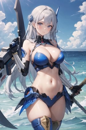 mecha, mecha_musume, metal, 1girl, solo,  holding, 
 weapon , huge axe, Shiny, ,glitter, Masterpiece, beautiful details, perfect focus,high resolution, exquisite texture in every detail, 1 girl, solo, navel, ocean
