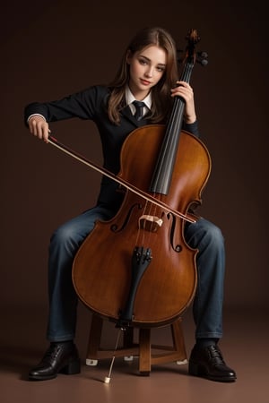 cello player, high school student,girl,school uniform holding bow and playing a case of cello,in the performance room,Best Quality, 32k, photorealistic, ultra-detailed, finely detailed, high resolution, perfect dynamic composition, beautiful detailed eyes, sharp-focus, , ,jp_school_uniform,  n this music performance, there is a stage equipped with professional stage equipment, including spotlights. These spotlights emit bright and focused beams of light, creating stunning lighting effects. They precisely illuminate the entire stage, highlighting both you and your cello. The use of these spotlights makes the entire performance scene more vibrant and captivating, adding an extra visual charm to your music performance. sitting 