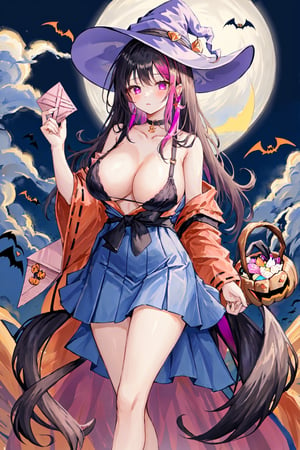 detailed,  girl, waist-length hair, straight hair, big breasts, long legs, a blue skirt, miko dress with a straight envelope. Halloween background, witch_hat,phlg,  black hair,  pink highlight,  no bra,no_bra