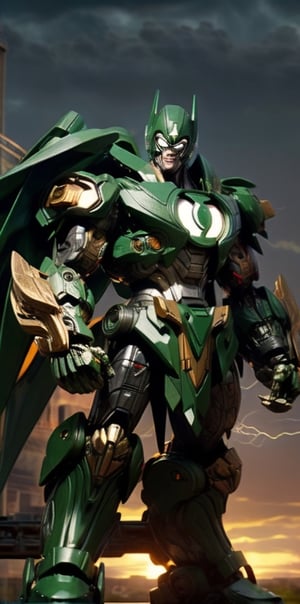 In a "meta-modified" pose, green lantern flaunts with a wink and a thumbs-up, his persona now a unique fusion of human and machine. The artwork showcases his distinctive costume and the hybrid aesthetic that defines his character. The mood is both quirky and confident, reflecting green lanterns trademark blend of eccentricity and self-assuredness., epic sky background with green storm, ambience of sunset, action pose

Realistic, (masterpiece1.2), (Ultra HDR quality), detailed face, high detailed body, hitech armour, hitech weapon, deadly look, cybernetic, heavy hitech gun, glowing green lightning, fantastic sky when sunset, mech, biomechanical, perfecteyes, Mecha, gold armor,SRS,RRS,MRS,FRS,RARS
