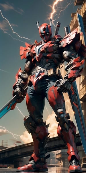 In a "meta-modified" pose, Deadpool flaunts with a wink and a thumbs-up, his persona now a unique fusion of human and machine. The artwork showcases his distinctive costume and the hybrid aesthetic that defines his character. The mood is both quirky and confident, reflecting Deadpool's trademark blend of eccentricity and self-assuredness., epic sky background with green storm, ambience of sunset, dual blade, action pose

Realistic, (masterpiece1.2), (Ultra HDR quality), detailed face, high detailed body, hitech armour, hitech weapon, deadly look, cybernetic, heavy hitech gun, glowing lightning, fantastic sky when sunset, mech, biomechanical, perfecteyes, Mecha, gold armor,SRS,RRS,MRS,FRS,RARS
