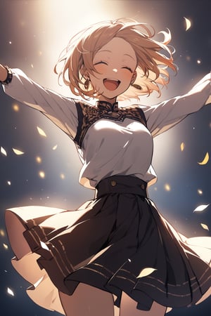 1girl, solo,smile, open mouth, skirt,  jewelry, closed eyes,earrings, happy, 