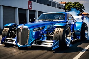  Blue Chrome Tractor 1980 GReddy edtion bonnet vent running in urban area, Big Exhaust, Driving on the road, tyre smoke, photorealistic:1.3, best quality, masterpiece,MikieHara,c_car,Concept Cars