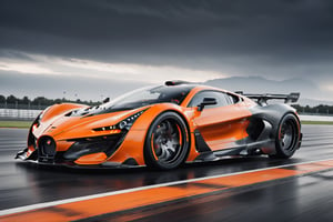 An futuristic depiction of a super car inspired by cyberpunk, sleek, Black and orange, Large black rubber tyres, ((silver wheels)), parked on the road at a race track, area background, at Day time, Dull sky, Front Side view, (symmetrical), (symmetrical lights) ,more detail XL,arch143