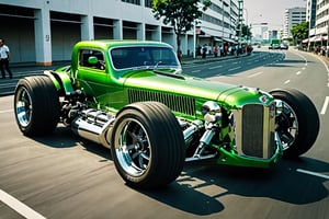  Green Chrome Tractor 1980 GReddy edtion bonnet vent running in urban area, Big Exhaust, Driving on the road, tyre smoke, photorealistic:1.3, best quality, masterpiece,MikieHara,c_car,Concept Cars