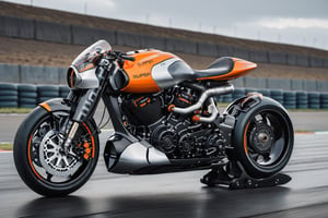 An futuristic depiction of a 1990s super bike inspired by cyberpunk, sleek, Fairing,  Black and orange, Large black rubber tyres, ((silver wheels)),   parked on the road at a race track, area background, at Day time, Dull sky, Front Side view, (symmetrical), (symmetrical lights) ,more detail XL,arch143