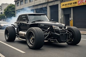 Black Tractor 1990 GReddy edtion bonnet vent running in urban area, Big Exhaust, Parked on the road, tyre smoke
,photorealistic:1.3, best quality, masterpiece,MikieHara,c_car,Concept Cars