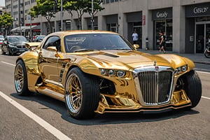  Gold Chrome Tractor 1980 GReddy edtion bonnet vent running in urban area, Big Exhaust, Driving on the road, tyre smoke, photorealistic:1.3, best quality, masterpiece,MikieHara,c_car,Concept Cars