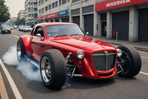  Red Chrome Tractor 1980 GReddy edtion bonnet vent running in urban area, Big Exhaust, Parked on the road, tyre smoke
,photorealistic:1.3, best quality, masterpiece,MikieHara,c_car,Concept Cars