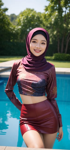 Best quality, masterpiece, photorealistic, ultra high res, 8K raw photo, beautifull face, maroon hijab,  small_breasts, batik attire, serious smiling, ((Perfect Face)), ((Sexy Face)), brunette, Anders Zorn, full shot of a beautiful girl ,detailed skin, detailed background, finely detailed, 8k uhd, dslr, detailed fingers, in pool, skintight, batik mini_skirt, 