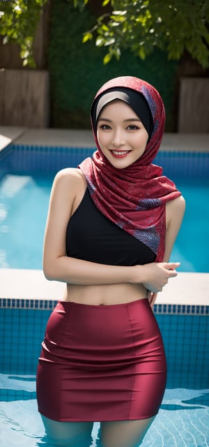 Best quality, masterpiece, photorealistic, ultra high res, 8K raw photo, beautifull face, maroon hijab,  small_breasts, batik attire, happy smiling, ((Perfect Face)), ((Sexy Face)), brunette, Anders Zorn, full shot of a beautiful girl ,detailed skin, detailed background, finely detailed, 8k uhd, dslr, detailed fingers, in pool, skintight, batik mini_skirt, 
