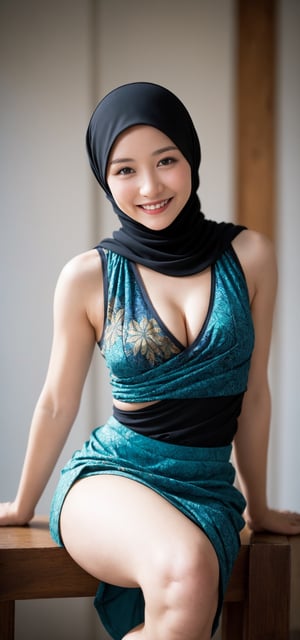 small breast, happy posing, ((Perfect Face)), ((Sexy Face)), brunette, Anders Zorn, full shot of a sexy beautiful girl, singlet outfit, black hijab, at the class, full blur background, happy smile, batik skirt, detailed hands, detailed legs, detaileD fingers,show breasts, open legs, show pussy, expose pussy, leg_spread