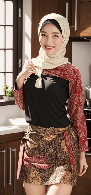 Best quality, masterpiece, photorealistic, ultra high res, 8K raw photo, beautifull face, batik hijab, batik shirt, happy smiling, ((Perfect Face)), ((Sexy Face)), brunette, Anders Zorn, full shot of a beautiful girl ,detailed skin, detailed background, finely detailed, 8k uhd, dslr, detailed fingers, at kitchen, skintight, no skirt, exposed pussy, full_body