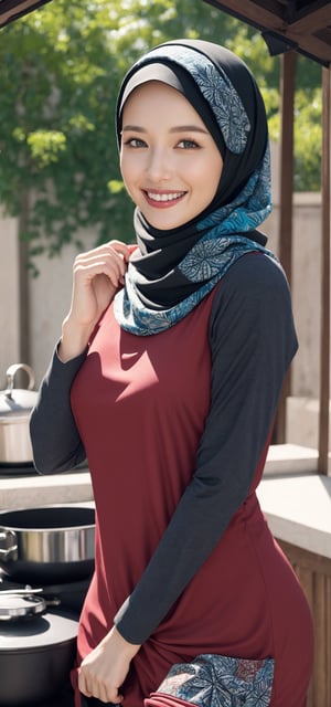 Best quality, masterpiece, photorealistic, ultra high res, 8K raw photo, beautifull face, batik hijab, batik shirt, happy smiling, ((Perfect Face)), ((Sexy Face)), brunette, Anders Zorn, full shot of a beautiful girl ,detailed skin, detailed background, finely detailed, 8k uhd, dslr, detailed fingers, at outdoor kitchen, skintight,  exposed pussy, full_body