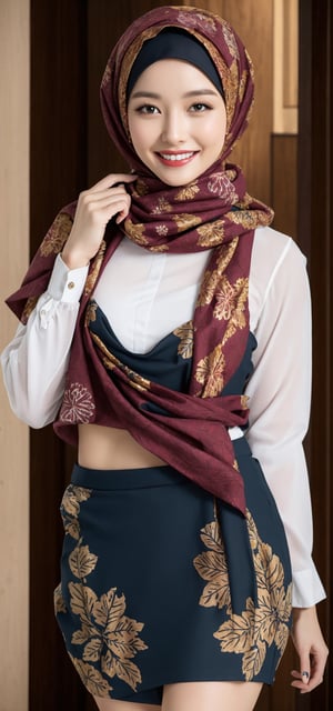 Best quality, masterpiece, photorealistic, ultra high res, 8K raw photo, beautifull face, maroon hijab,  small_breasts, batik attire, happy smiling, ((Perfect Face)), ((Sexy Face)), brunette, Anders Zorn, full shot of a beautiful girl ,detailed skin, detailed background, finely detailed, 8k uhd, dslr, detailed fingers, in dubai, skintight, batik mini_skirt, 