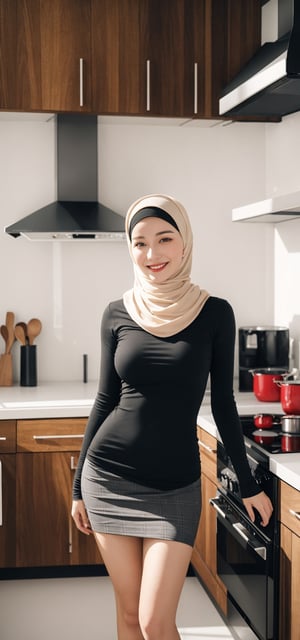Best quality, masterpiece, photorealistic, ultra high res, 8K raw photo, beautifull face, black hijab, black shirt, happy smiling, ((Perfect Face)), ((Sexy Face)), brunette, Anders Zorn, full shot of a beautiful girl ,detailed skin, detailed background, finely detailed, 8k uhd, dslr, detailed fingers, at kitchen, skintight, no skirt, exposed pussy, full_body