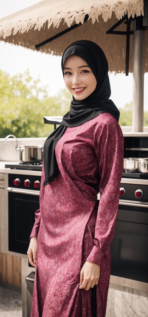 Best quality, masterpiece, photorealistic, ultra high res, 8K raw photo, beautifull face, batik hijab, batik shirt, happy smiling, ((Perfect Face)), ((Sexy Face)), brunette, Anders Zorn, full shot of a beautiful girl ,detailed skin, detailed background, finely detailed, 8k uhd, dslr, detailed fingers, at outdoor kitchen, skintight,  exposed pussy, full_body