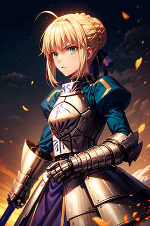 best quality, masterpiece, phSaber, phAltoria, 1girl, solo, armor, french braid, armored dress, glowing, gauntlets, holding, breastplate, hair bun,