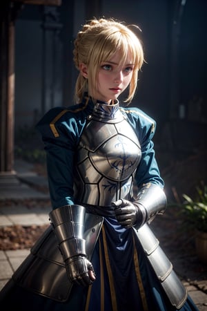 best quality, masterpiece, phSaber, phAltoria, 1girl, solo, armor, french braid, armored dress, glowing, gauntlets, holding, breastplate, hair bun,