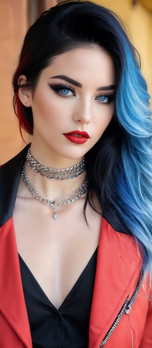 Generate hyper realistic image of a woman with long hair, looking at the viewer with blue eyes. She wears a stylish shirt adorned with elegant jewelry. Her blue hair cascades down, contrasting with a vibrant red jacket. The scene captures her upper body outdoors, where the sunlight highlights her features. She has a black choker around her neck, a collar peeking out, and two-tone hair that complements her red lips. She wears a black shirt, with long eyelashes accentuated by black makeup, dark eyeshadow, and mascara. A chain necklace adds a touch of boldness.