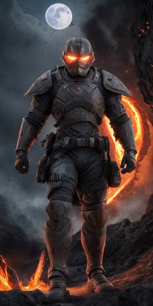 create a hyper realistic image of futuristic lava soldier . highly detailed , illuminated by the blue moon., . high_resolution, highly detailed, sharp focus.8k,More Detail,monster,flmngprsn,nhdsrmr,chhdsrmr,realistic
