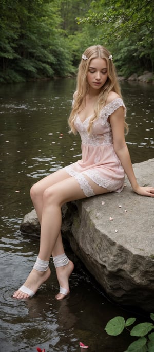 Generate hyper realistic image of an elf woman with long blonde hair and large, brown eyes is sitting on a rock ledge by a pond. She is wearing a pink dress with white lace and white stockings. Her feet are dangling in the water and a few red rose petals are floating on the surface. There are are many red roses in bloom in the background. The scene is set in a green, lush forest. The image has a dreamy and ethereal quality.