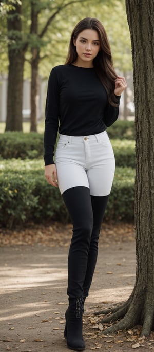 Generate hyper realistic image of a woman with long, flowing brown hair cascading down her shoulders, complementing her striking green eyes. She wears a black shirt with long sleeves, paired with white pants, standing confidently outdoors in the daytime. Accentuating her attire, she sports knee-high black boots, standing beside a majestic tree.,photorealistic
