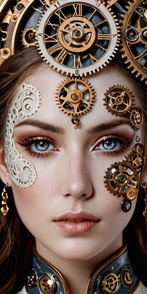 Generate hyper realistic image of a porcelain-like face adorned with intricate clockwork-inspired features. Gears delicately embedded in her skin, eyes resembling antique clock faces, and a subtle metallic sheen, against the backdrop of a steampunk-inspired workshop.