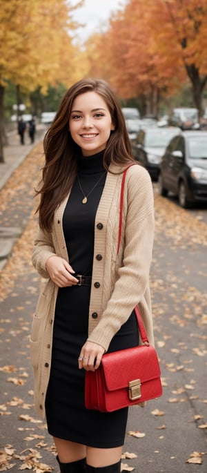 Generate hyper realistic image of a woman wearing a black dress, a beige cardigan, and black boots. She is standing in a street that is covered with fallen red leaves. The woman has long brown hair and is smiling. She is carrying a black handbag. There are trees with red leaves in the background.