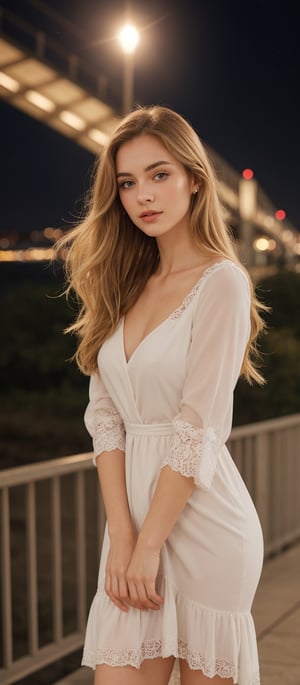 Generate hyper realistic image of a woman with long, flowing blonde hair, wearing a dress with sleeves past her wrists. It's nighttime, and her striking green eyes catch the light. Her cheeks are adorned with a delicate blush, accentuating her pale skin. She stands gracefully on a bridge, showcasing her dress and the elegant curves of her body