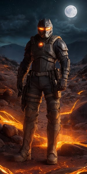 create a hyper realistic image of futuristic lava soldier . highly detailed , illuminated by the blue moon., . high_resolution, highly detailed, sharp focus.8k,More Detail,monster,flmngprsn,nhdsrmr,chhdsrmr,realistic