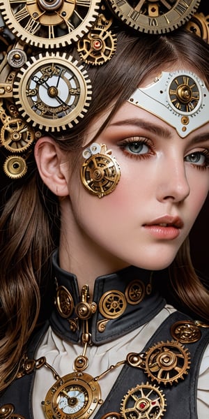 Generate hyper realistic image of a porcelain-like face adorned with intricate clockwork-inspired features. Gears delicately embedded in her skin, eyes resembling antique clock faces, and a subtle metallic sheen, against the backdrop of a steampunk-inspired workshop.