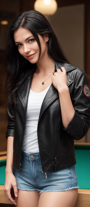 Generate hyper realistic image of a woman with long, flowing black hair, piercing blue eyes, and a warm smile gazes directly at the viewer. She wears a white shirt with rolled-up sleeves under an open black jacket, revealing denim shorts. Leaning forward against a pool table, she casually rests her hand on a worn leather jacket, adorned with a button badge.