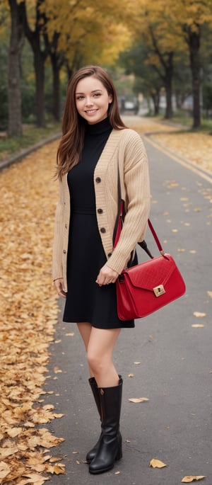 Generate hyper realistic image of a woman wearing a black dress, a beige cardigan, and black boots. She is standing in a street that is covered with fallen red leaves. The woman has long brown hair and is smiling. She is carrying a black handbag. There are trees with red leaves in the background.