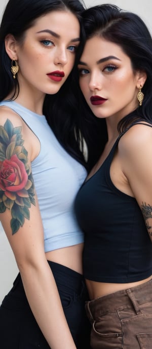 Generate hyper realistic image of two beautiful women, one with long blonde hair and blue eyes, the other with black hair and dark red lips. Both are wearing crop tops and torn pants, revealing their midriffs. The blonde woman has freckles and a shoulder tattoo, while the black-haired woman has an arm tattoo. They are hugging each other, their jewelry and earrings glinting, and they are looking directly at the viewer with a sense of intimacy.