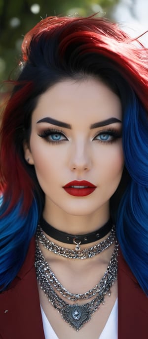 Generate hyper realistic image of a woman with long hair, looking at the viewer with blue eyes. She wears a stylish shirt adorned with elegant jewelry. Her blue hair cascades down, contrasting with a vibrant red jacket. The scene captures her upper body outdoors, where the sunlight highlights her features. She has a black choker around her neck, a collar peeking out, and two-tone hair that complements her red lips. She wears a black shirt, with long eyelashes accentuated by black makeup, dark eyeshadow, and mascara. A chain necklace adds a touch of boldness.