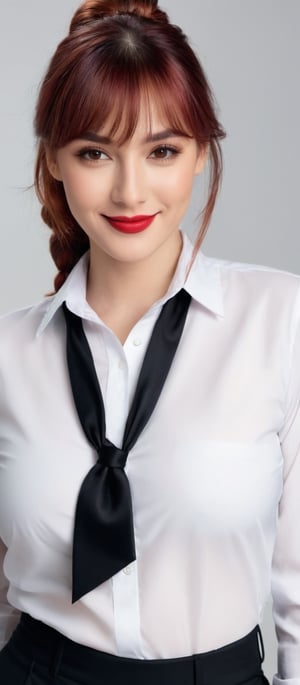 Generate hyper realistic image of a woman with long hair, looking at the viewer with a smile, and bangs framing her light brown eyes. She wears a white shirt with a braid and sidelocks of red hair, under a collared shirt. It's night, and her arms are behind her back. She pairs black pants with a black necktie, her braided ponytail and red lips accentuating her look. Her shirt is tucked into high-waist pants.