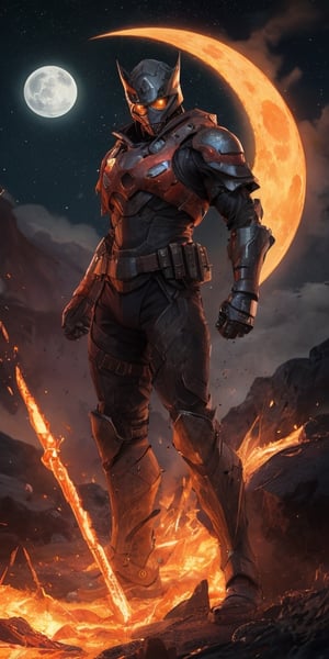 create a hyper realistic image of futuristic lava soldier . highly detailed , illuminated by the blue moon., . high_resolution, highly detailed, sharp focus.8k,More Detail,monster,flmngprsn,nhdsrmr,chhdsrmr