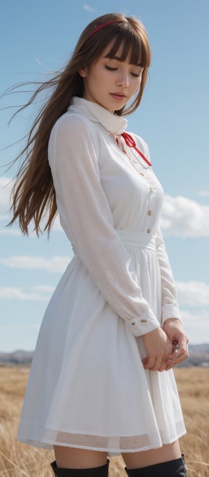 Generate hyper realistic image of a woman with long, flowing blonde hair adorned with bangs and tied elegantly with a red ribbon sits gracefully outdoors. Her eyes are closed, basking in the sunlight under a vast blue sky dotted with fluffy clouds. She wears a dress with long sleeves and boots, a white ascot peeking from her blue jacket. With hands intertwined, she exudes a gentle allure, her hair ribbon gently fluttering in the wind.